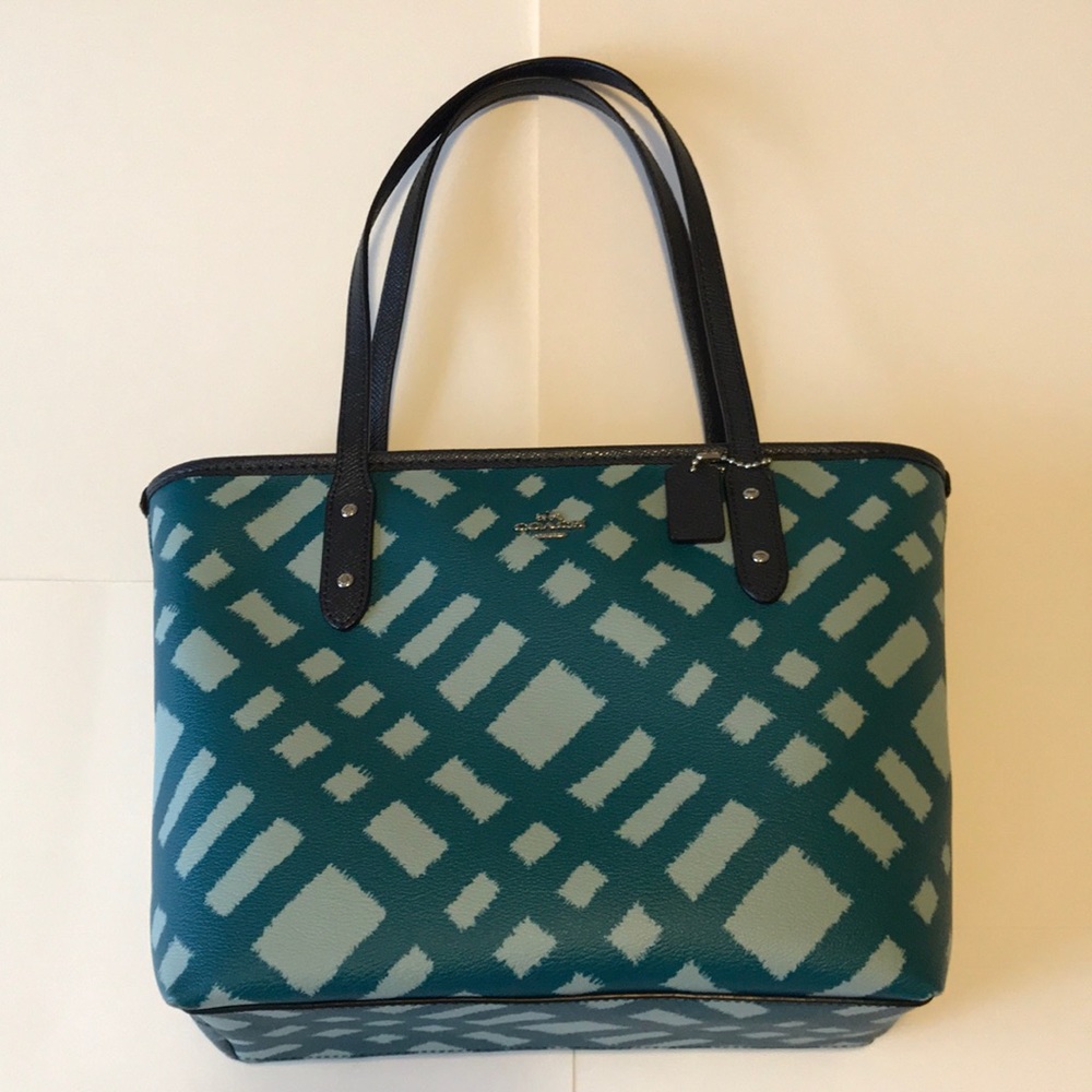 New coach wild plaid city zip tote bag blue black